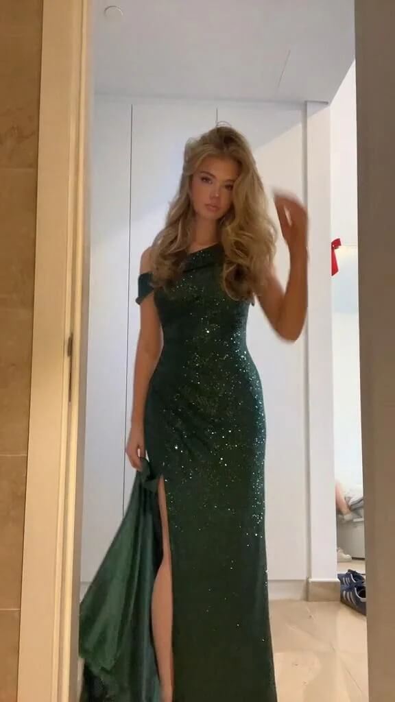 Glittery Sequin Mermaid Prom Dress Long Leg Split Formal Dress