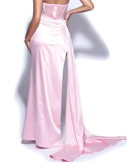 Elegante vestido de fiesta de satén sin tirantes, corte sirena, largo, con abertura alta, para graduación, noche, TP4491