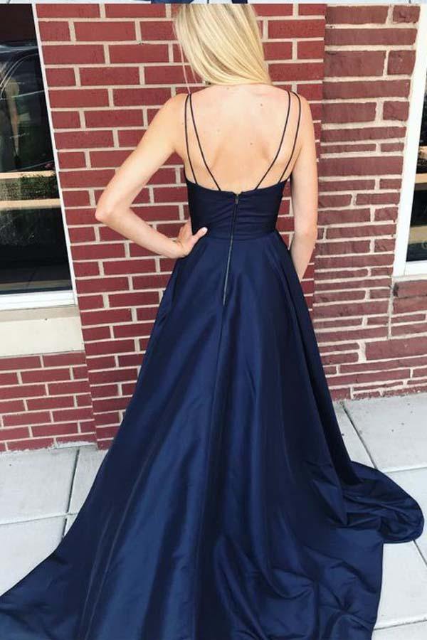 Vestido de fiesta largo de satén azul marino con tirantes, vestidos de noche con abertura lateral