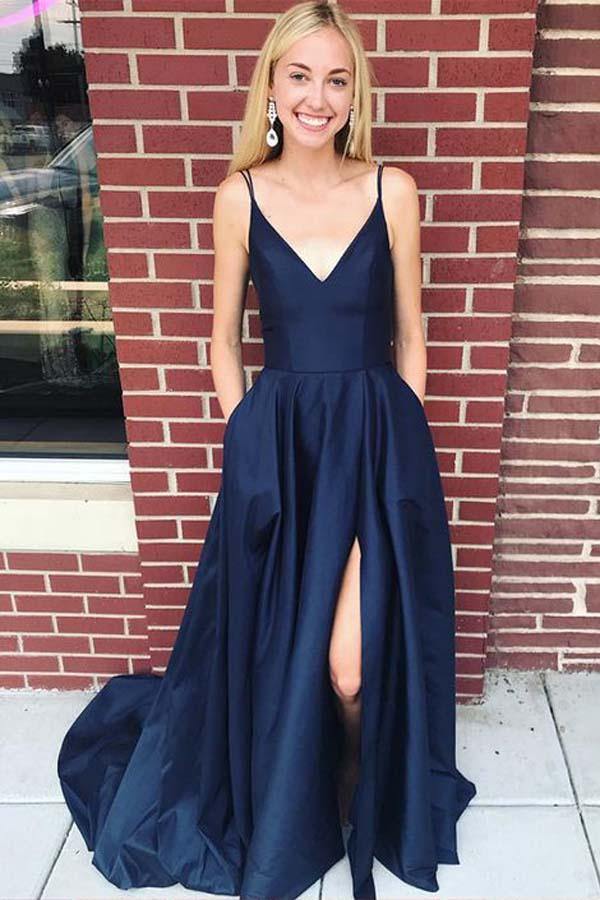 Vestido de fiesta largo de satén azul marino con tirantes, vestidos de noche con abertura lateral