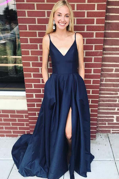 Vestido de fiesta largo de satén azul marino con tirantes, vestidos de noche con abertura lateral
