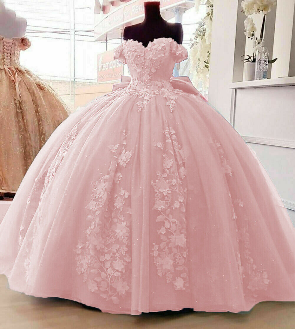 Vestidos de quinceañera con hombros descubiertos y apliques florales 3D para dulces 16