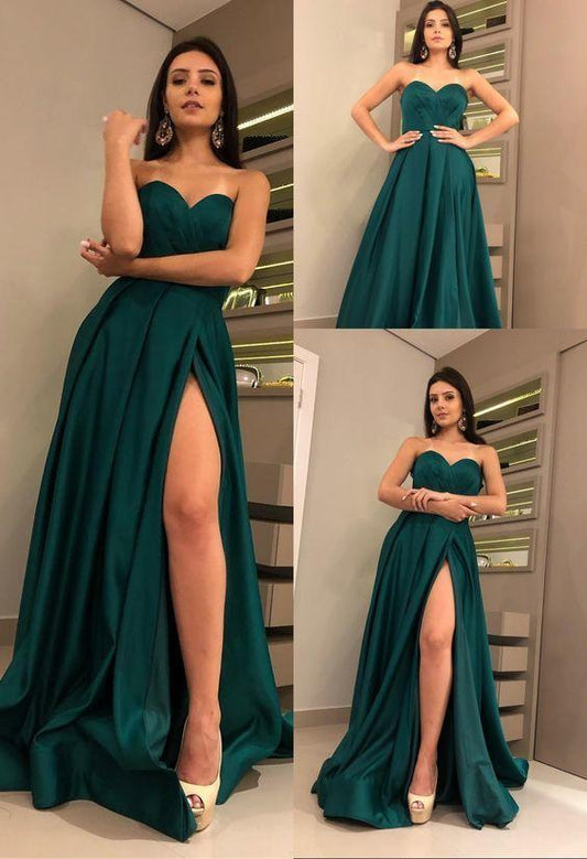 Vestidos de fiesta verde cazador con escote corazón y abertura alta en el muslo
