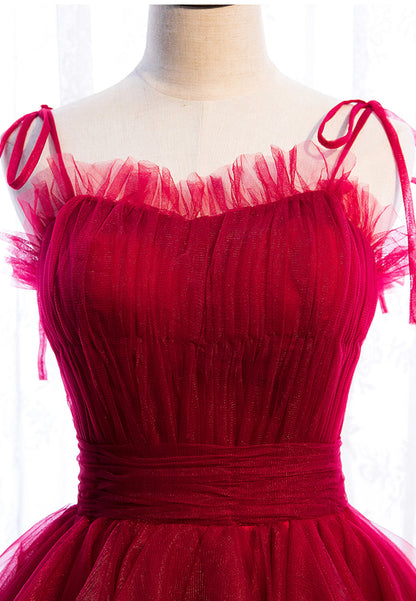 Vestido de fiesta rojo largo con tirantes finos y corte A, vestido de noche de tul negro con capas