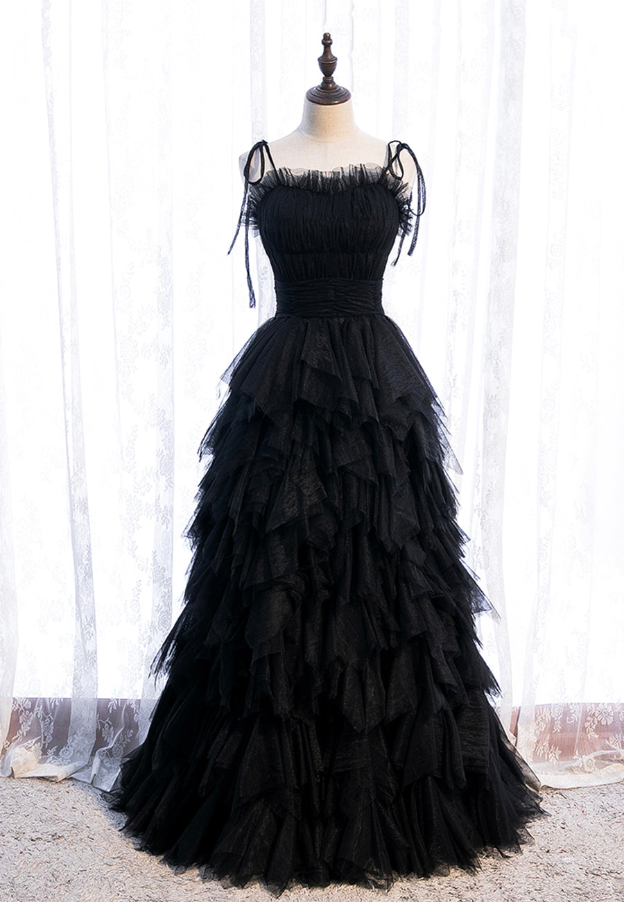 Vestido de fiesta rojo largo con tirantes finos y corte A, vestido de noche de tul negro con capas
