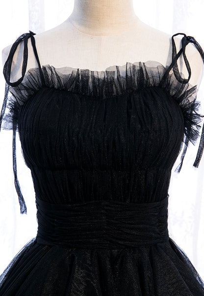 Vestido de fiesta rojo largo con tirantes finos y corte A, vestido de noche de tul negro con capas