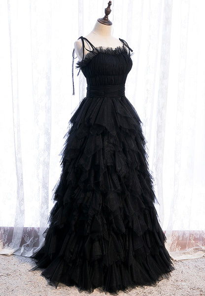 Vestido de fiesta rojo largo con tirantes finos y corte A, vestido de noche de tul negro con capas