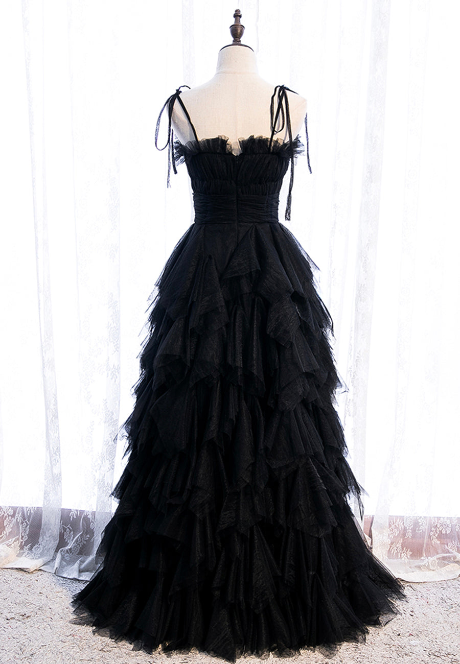 Vestido de fiesta rojo largo con tirantes finos y corte A, vestido de noche de tul negro con capas
