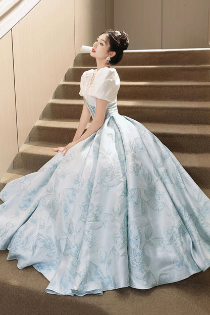 White and Blue Printed Floor Length Prom Dress, Lovely Short Sleeve Formal Evening Dress