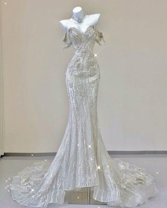 White Fashion Gorgeous Unique Beaded Mermaid Long Off-shoulder Sequined Short Sleeve Wedding Dress Bridal Gown gh4303