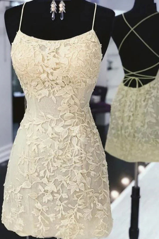 Charming Beige Appliqued Design A-line Lace-up Spaghetti Strap Homecoming Dress TP3593