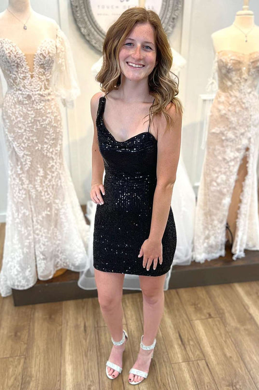 Vestido corto asimétrico de lentejuelas negras con cordones para el regreso a casa, vestidos de cóctel cortos formales
