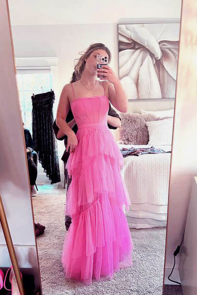 Vestido de fiesta rosa intenso con tirantes finos y volantes, largo hasta el suelo, TP80