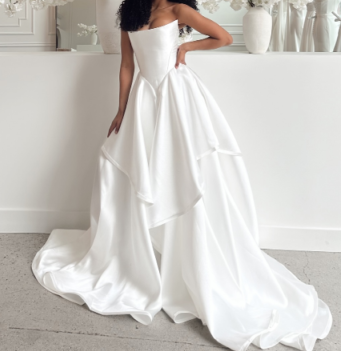 shopuniqlos-White satin off-the-shoulder long floor-length wedding dress prom dress gh5394