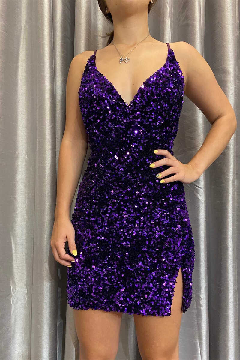 Vestido de fiesta sexy morado con lentejuelas, escote en V, corto y ajustado con abertura