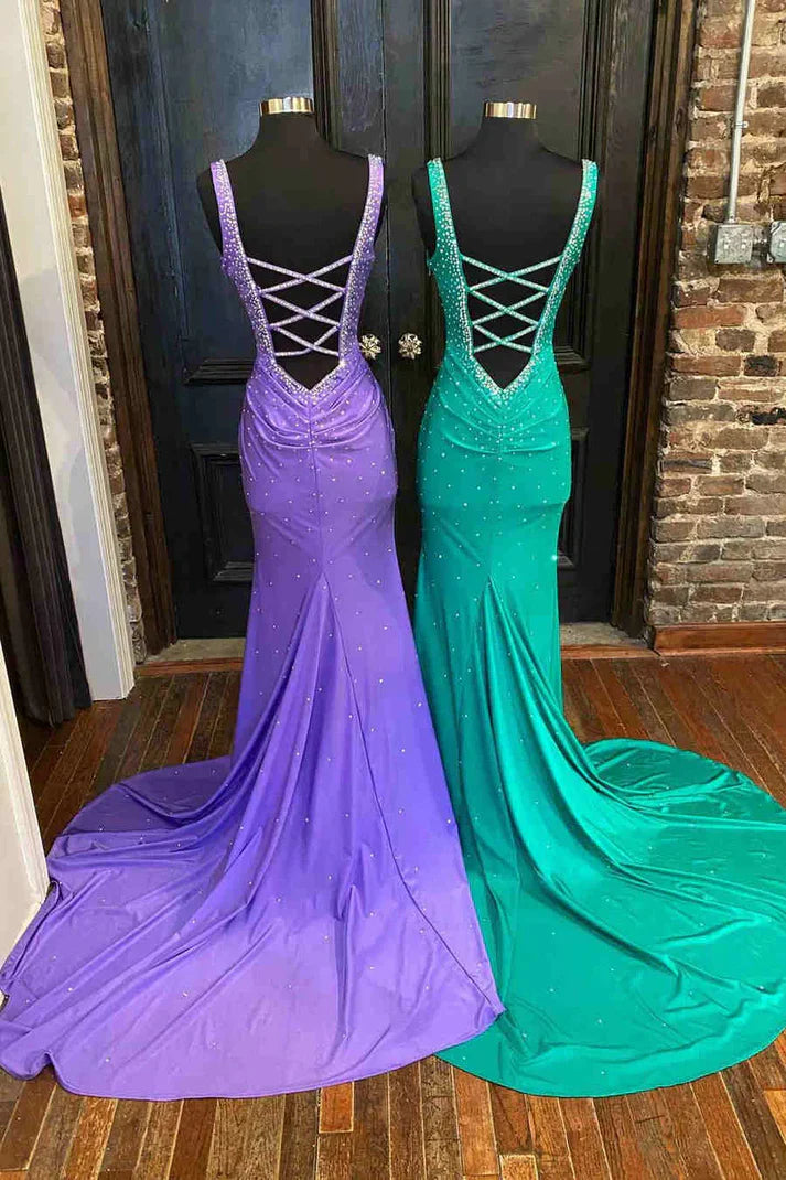 Rose Red V-neck Beading Mermaid Prom Dress with Side Slit gh2587