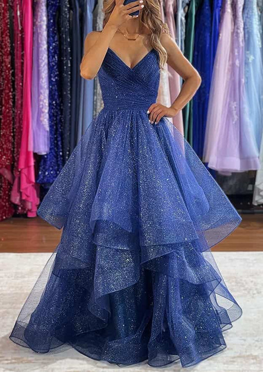 Sparkly V-Neck Tulle Long Prom Dress with Layered, Navy Blue Formal Gown GP635