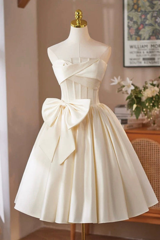 Champagne Satin Short Prom Dress, A-Line Strapless Party Dress with Corset