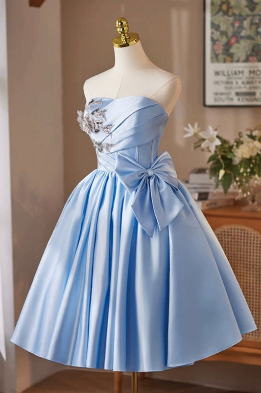 Blue Satin Sequins Short Prom Dress, A-Line Strapless Party Dress with Corset