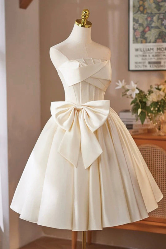 Champagne Satin Short Prom Dress, A-Line Strapless Party Dress with Corset