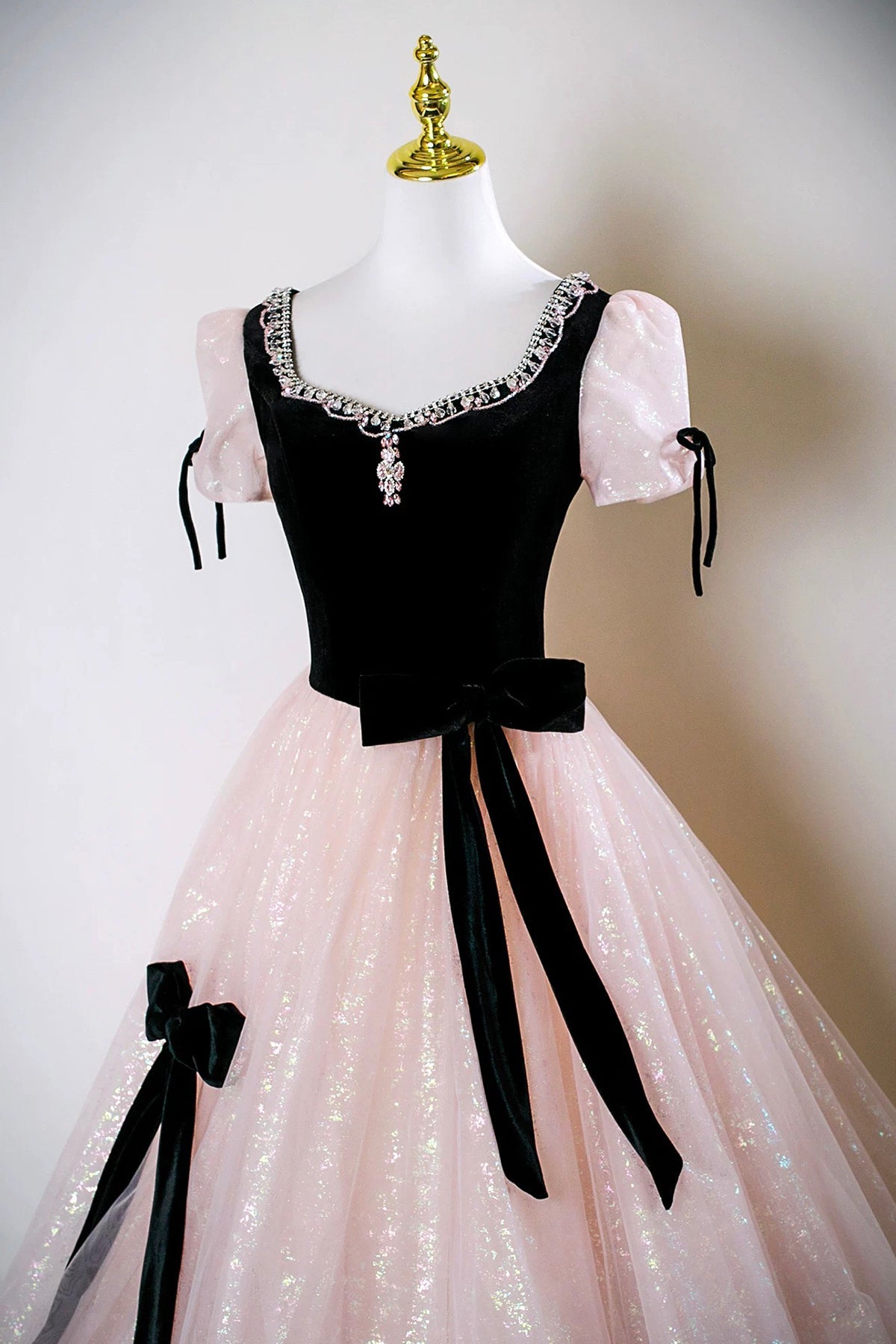 Black Velvet and Pink Tulle Long Prom Dress, A-Line Short Sleeve Party Dress
