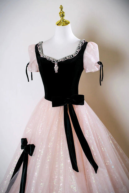 Black Velvet and Pink Tulle Long Prom Dress, A-Line Short Sleeve Party Dress