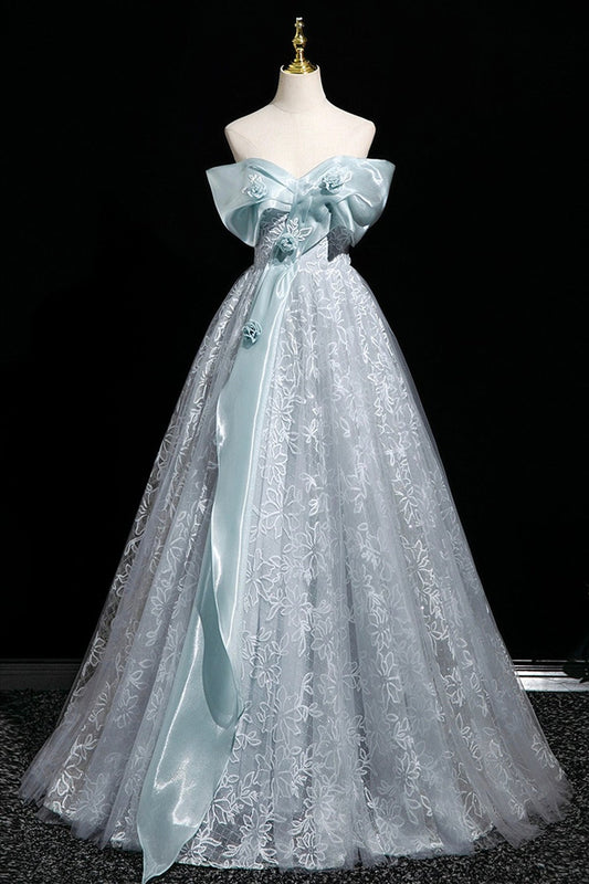 Blue Tulle Lace Long Prom Dress, Beautiful A-Line Evening Party Dress