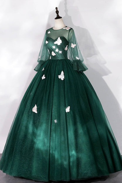 Dark Green Tulle Long Prom Dress, A-Line Long Sleeve Evening Party Dress with Butterfly Appliques