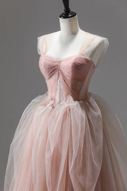 Pink Tulle Lace Long Formal Dress, A-Line Off Shoulder Pink Prom Party Dress
