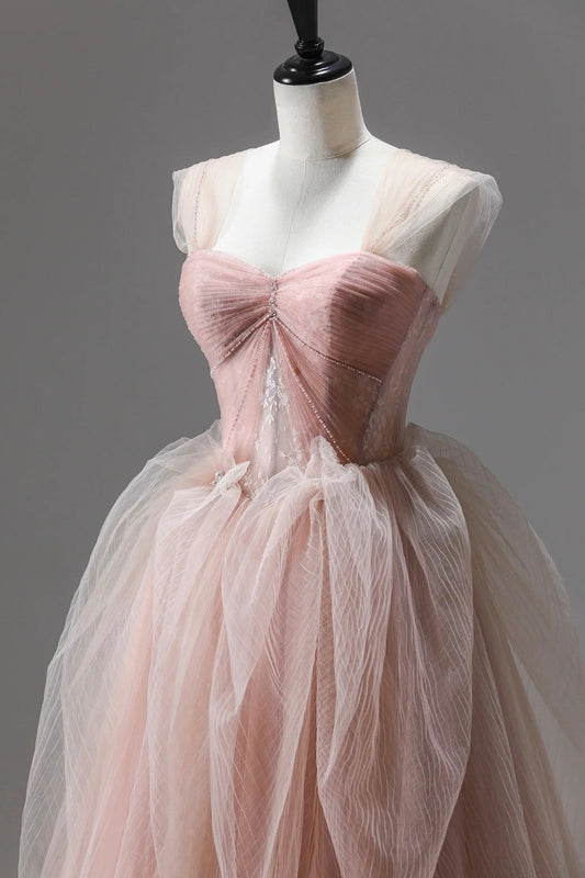 Pink Tulle Lace Long Formal Dress, A-Line Off Shoulder Pink Prom Party Dress