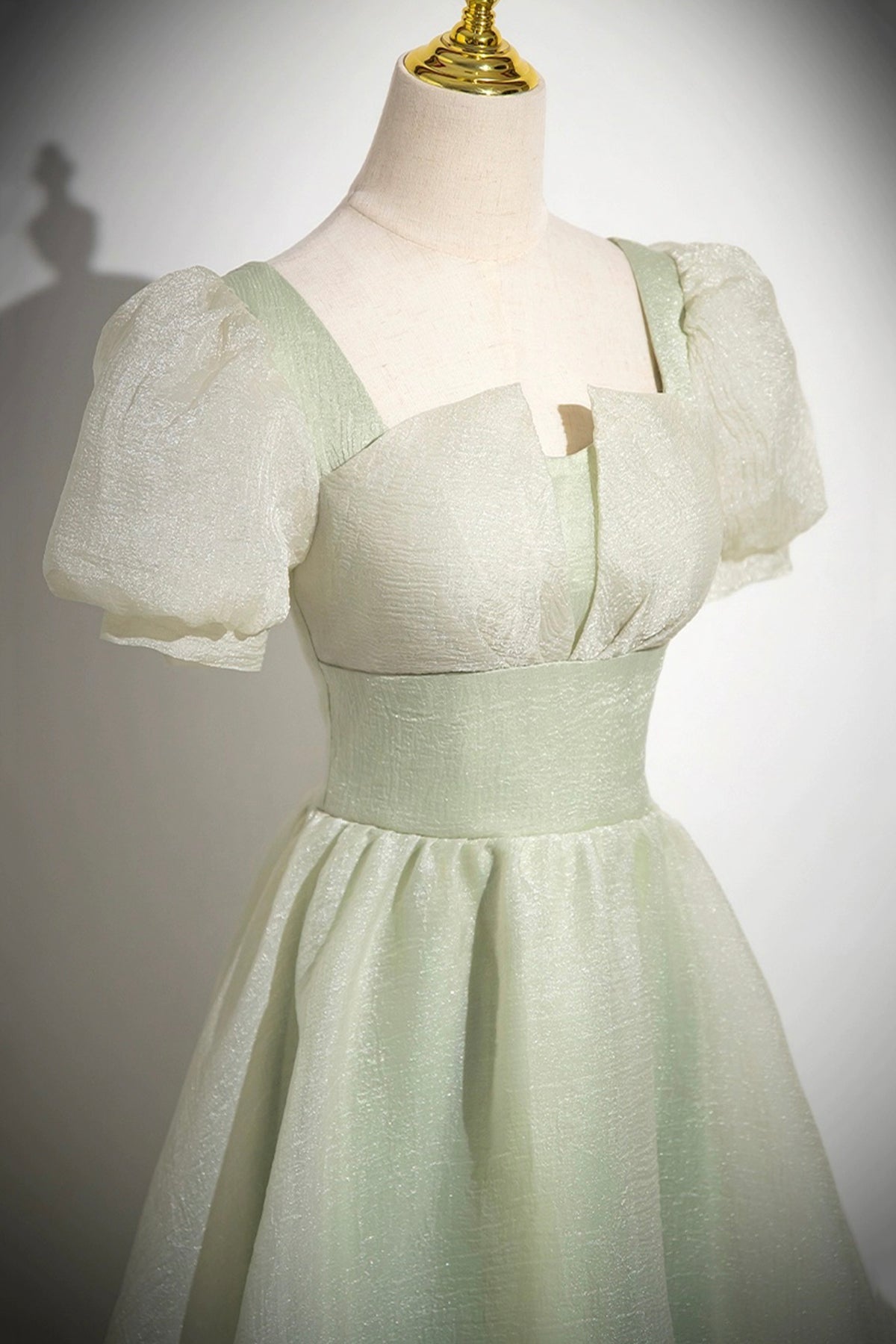Green Tulle Long Prom Dress, Green A-Line Short Sleeve Evening Party Dress