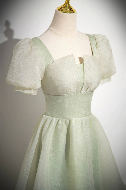 Green Tulle Long Prom Dress, Green A-Line Short Sleeve Evening Party Dress