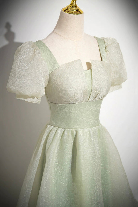 Green Tulle Long Prom Dress, Green A-Line Short Sleeve Evening Party Dress