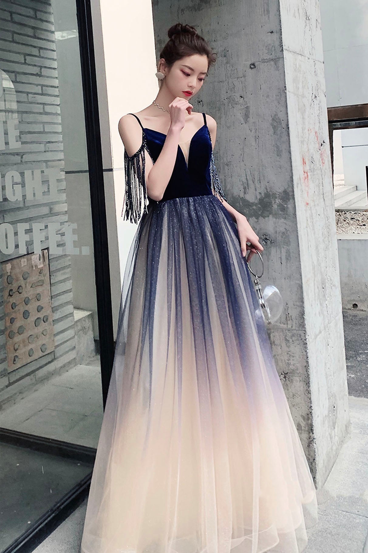 Blue Spaghetti Strap Gradient Long Formal Dress, A-Line V-Neck Prom Dress