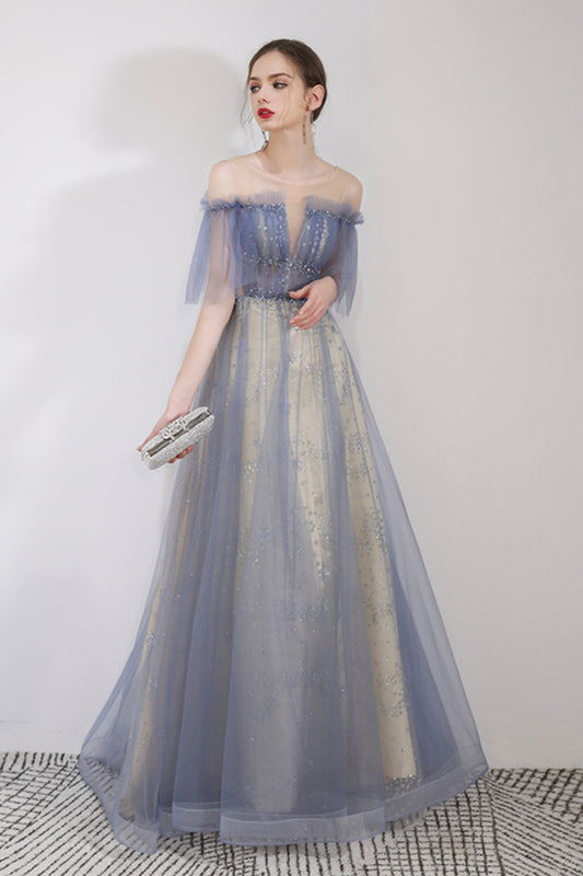 Blue Tulle Sequins Floor Length Prom Dress, A-Line Blue Graduation Dress