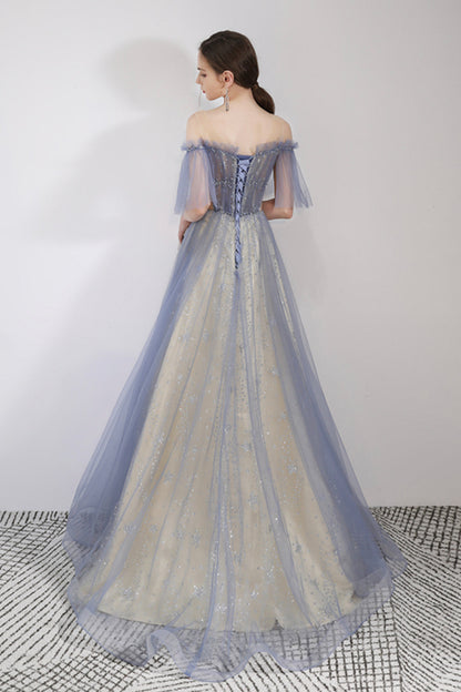 Blue Tulle Sequins Floor Length Prom Dress, A-Line Blue Graduation Dress