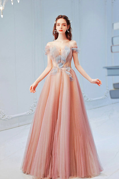 Pink Off the Shoulder Tulle Long Party Dress, Cute A-Line Prom Dress