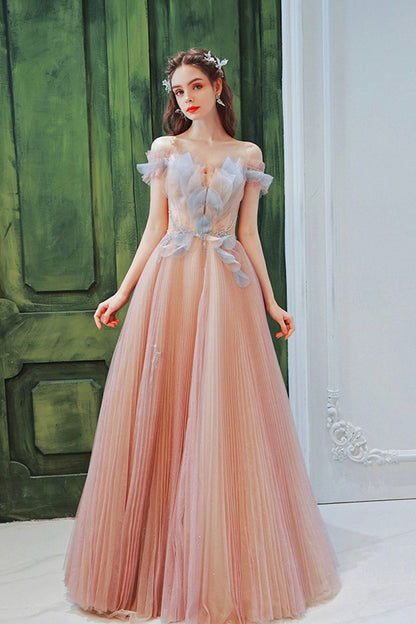 Pink Off the Shoulder Tulle Long Party Dress, Cute A-Line Prom Dress