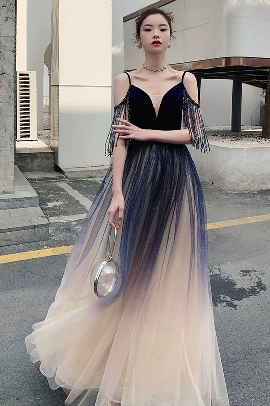 Blue Spaghetti Strap Gradient Long Formal Dress, A-Line V-Neck Prom Dress
