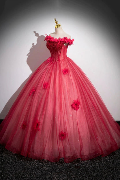 Dark Red Beading Prom Dress with Corset, Off the Shoulder Short Sleeve Floor-Length Party Dress
