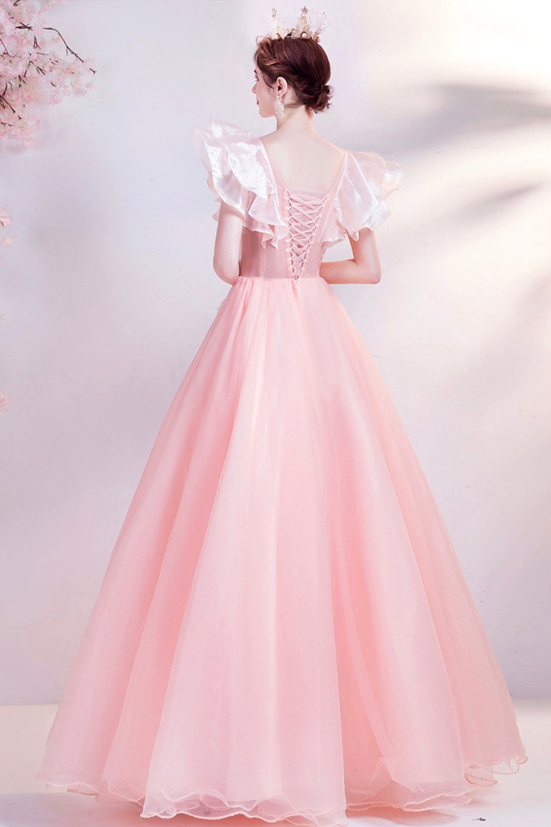 Pink V-Neck Tulle Long Prom Dress, Beautiful Pink Evening Dress