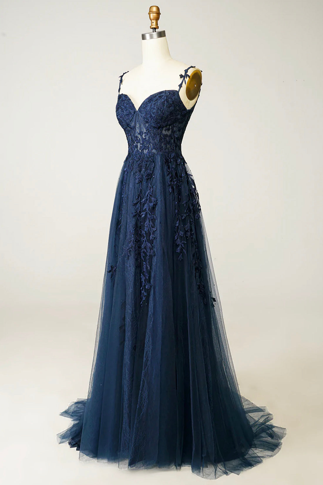 Navy Blue Tulle Lace Long Prom Dress, Beautiful Spaghetti Straps Formal Dress