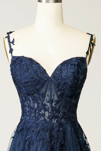 Navy Blue Tulle Lace Long Prom Dress, Beautiful Spaghetti Straps Formal Dress