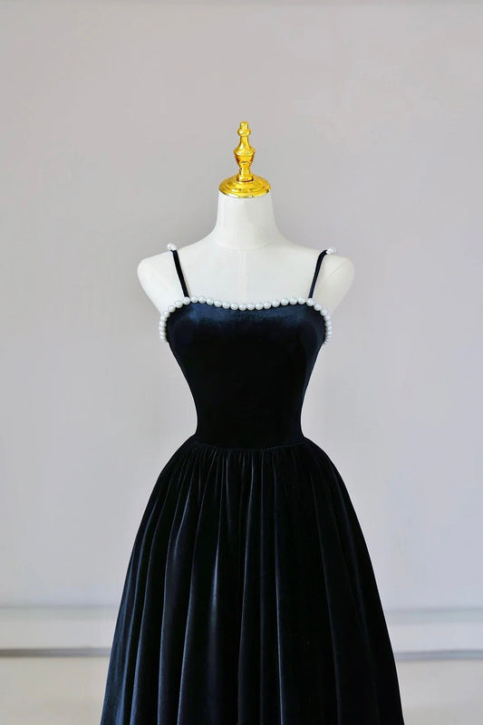 Black Spaghetti Strap Velvet Long Prom Dress with Pearls, A-Line Evening Dress Party Dress