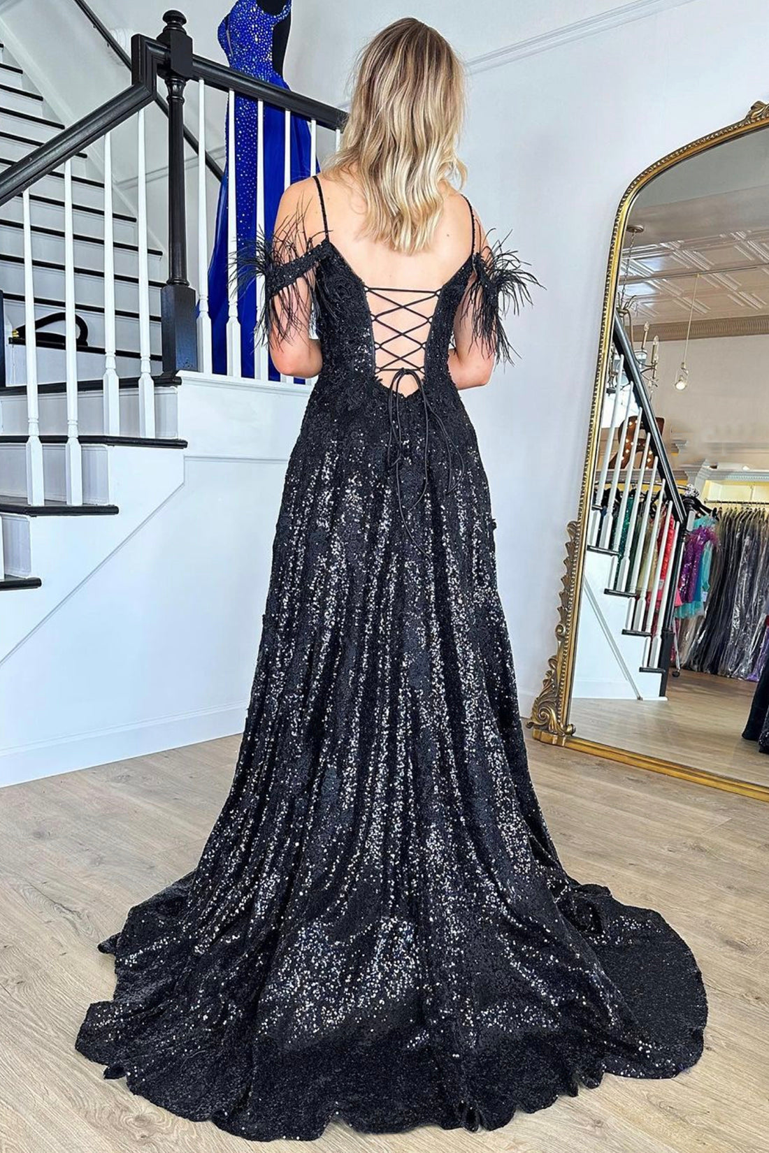 Black Sequins Lace Long Prom Dress, Black Evening Party Dress
