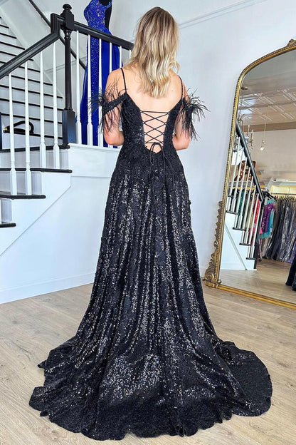 Black Sequins Lace Long Prom Dress, Black Evening Party Dress