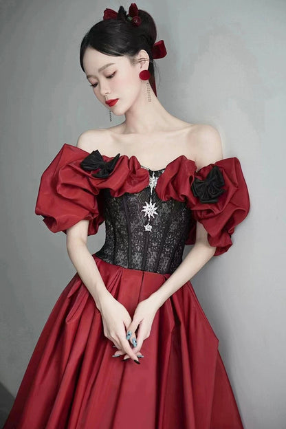 Burgundy Satin and Black Lace Floor Length Prom Dress, Off the Shoulder Evening Party Dress