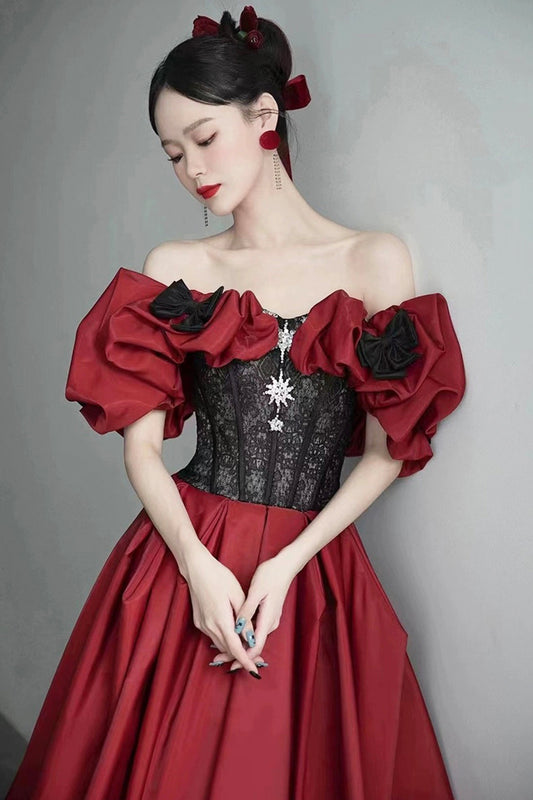 Burgundy Satin and Black Lace Floor Length Prom Dress, Off the Shoulder Evening Party Dress