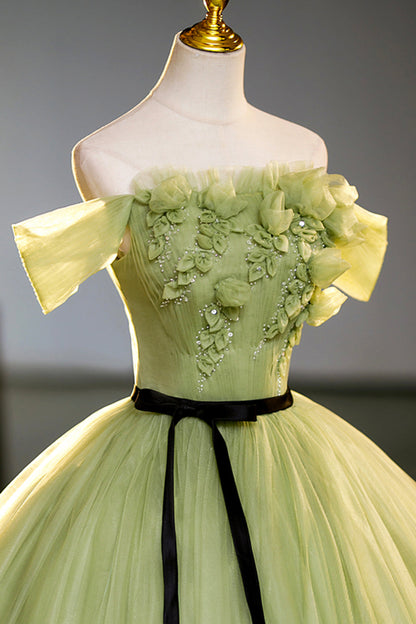 Green Off-Shoulder Tulle Long Formal Dress, Beautiful A-Line Evening Dress