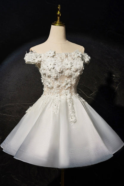 Beautiful Flowers Lace Short Prom Dress, White A-Line Evening Party Dress